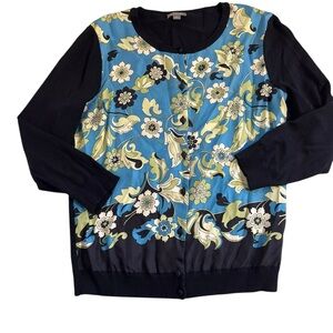 Ann Taylor Floral Blue and Black Knit Cardigan